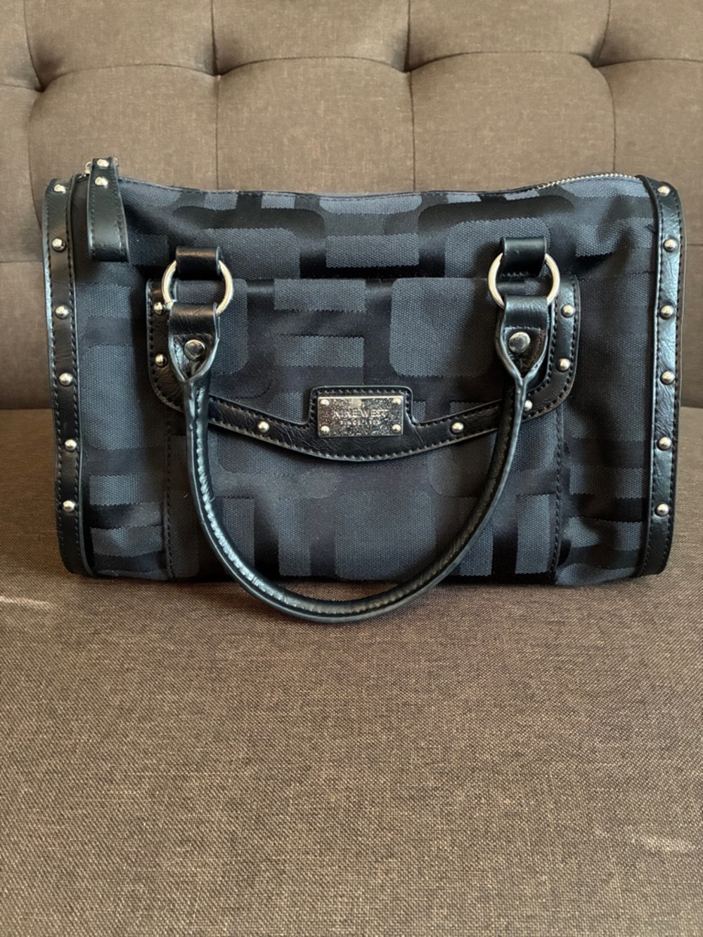 Nine West Black Patterned Satchel with Silver Studs